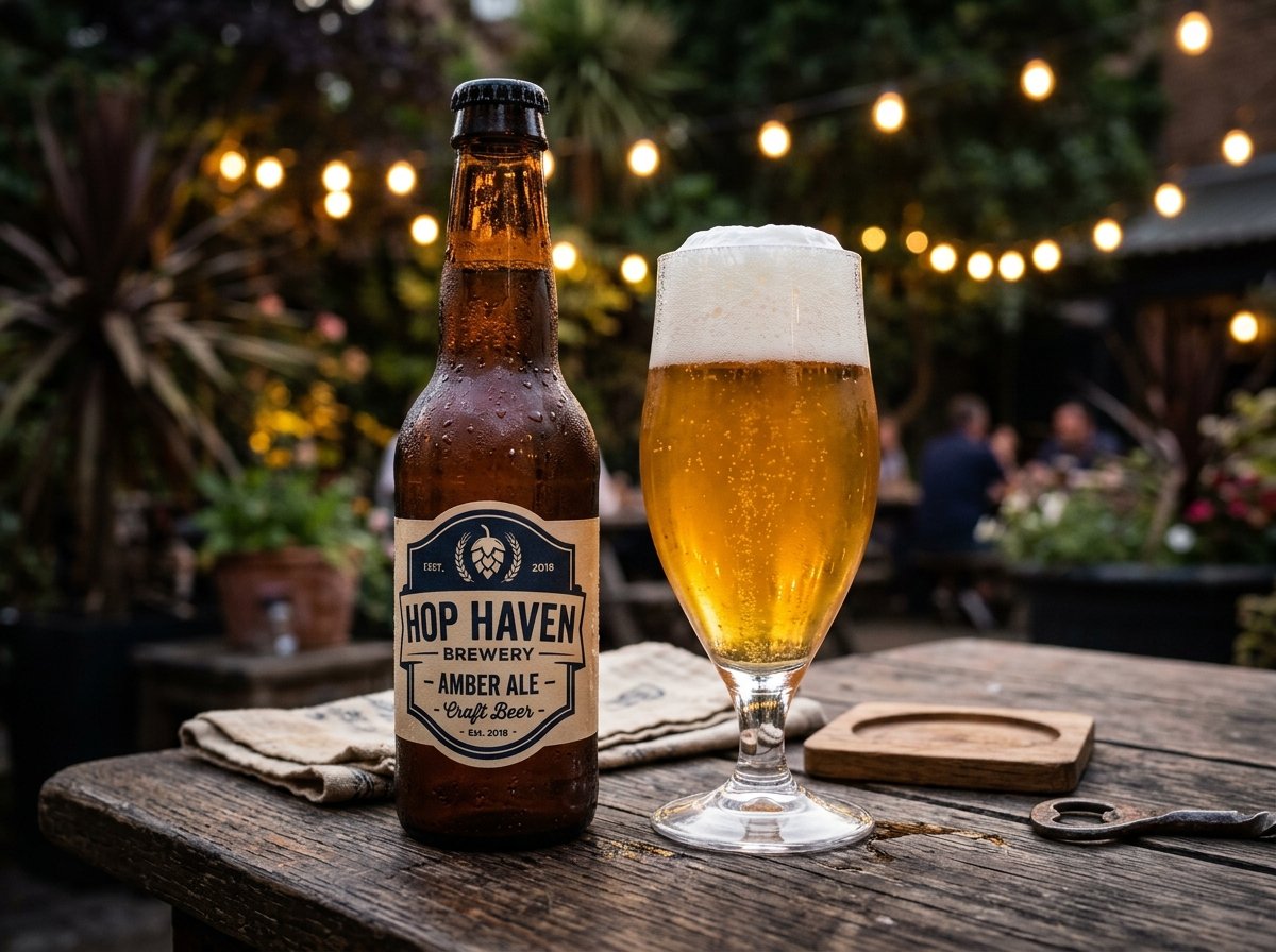 Chilled beer bottle and a foam-filled glass with condensation