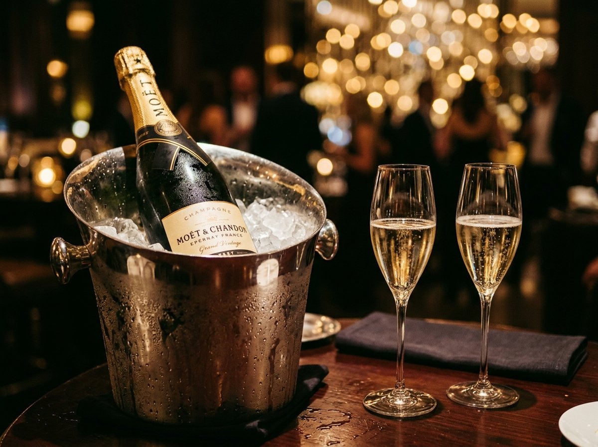 Premium champagne bottle inside an ice bucket with flutes
